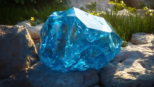Gleaming blue crystal boulder resting on sunlit stone.