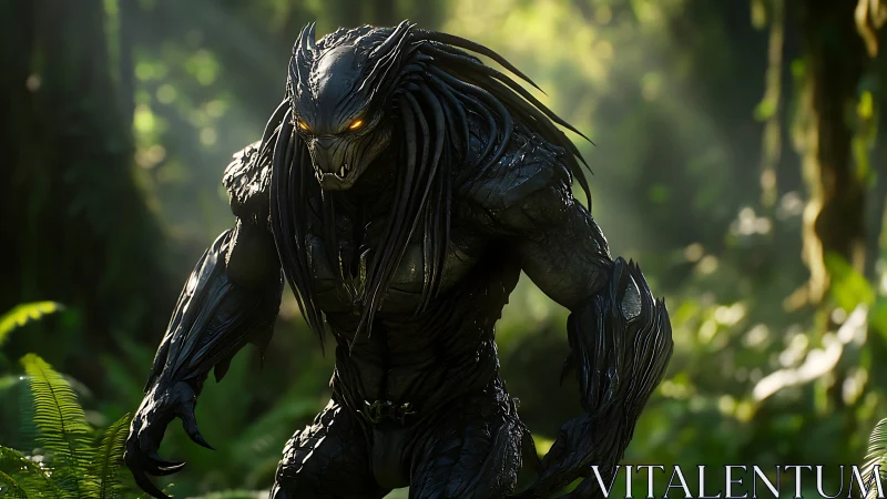 Photorealistic alien predator in lush backlit rainforest setting.