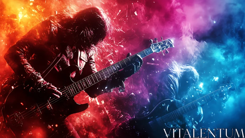 Electric guitarists in divided red and blue smoke field.