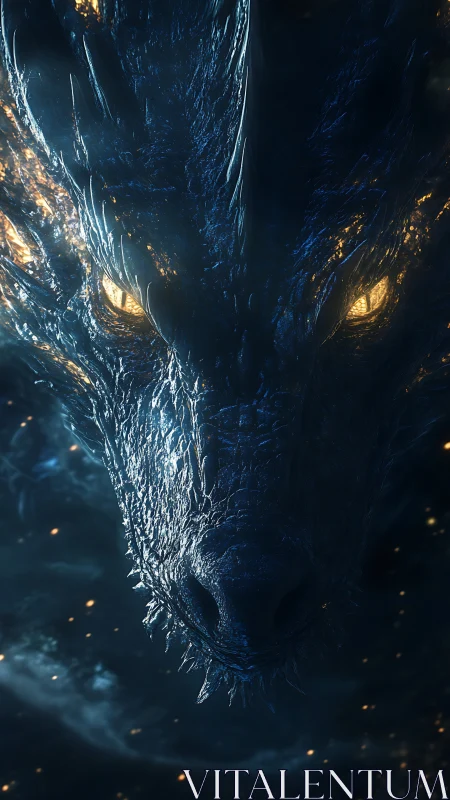 Glowing-eyed dragon emerges from shadowy cosmic void.