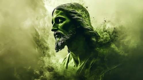 Emerald-toned sacred bust dissolving into swirling mist.