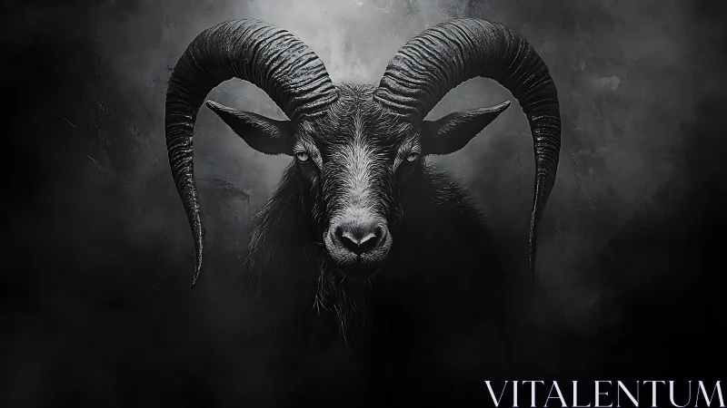 Horned black goat portrait in moody monochrome lighting.