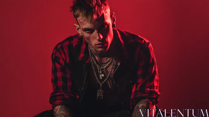 Moody red-lit portrait of tattooed punk figure in plaid shirt