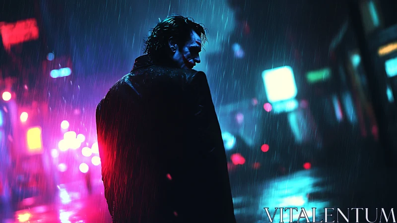 Neon drenched drifter in rain soaked cyberpunk alleyway.