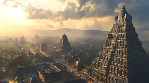 Golden sunrise over ancient stone temples in quiet valley.