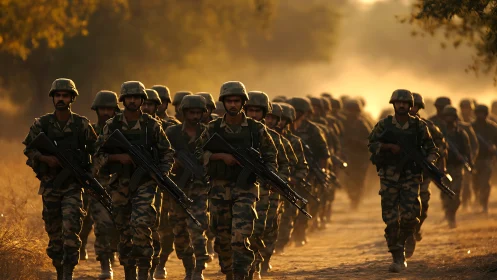Marching infantry column in golden backlit dust haze at dusk.
