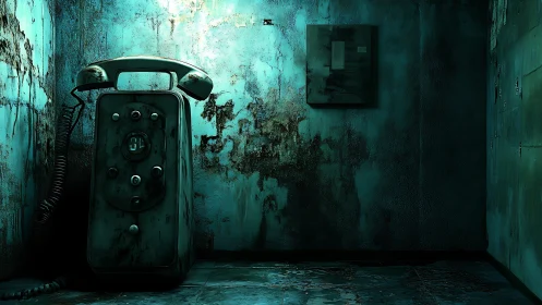 Decaying teal payphone dominates corroded concrete chamber.