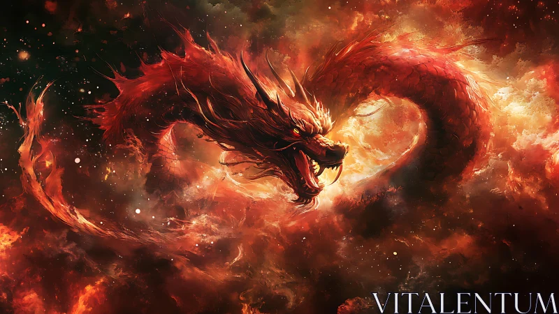 Fiery celestial dragon in swirling nebula composition digital painting.