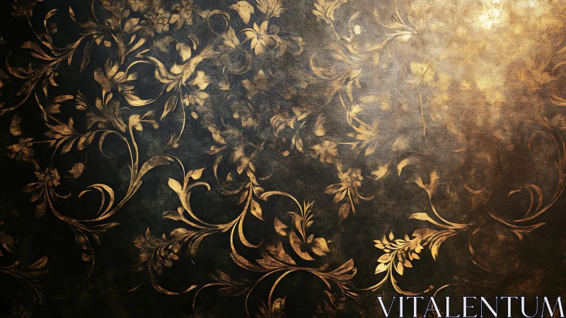 Ornate gold floral damask pattern on dark textured background.