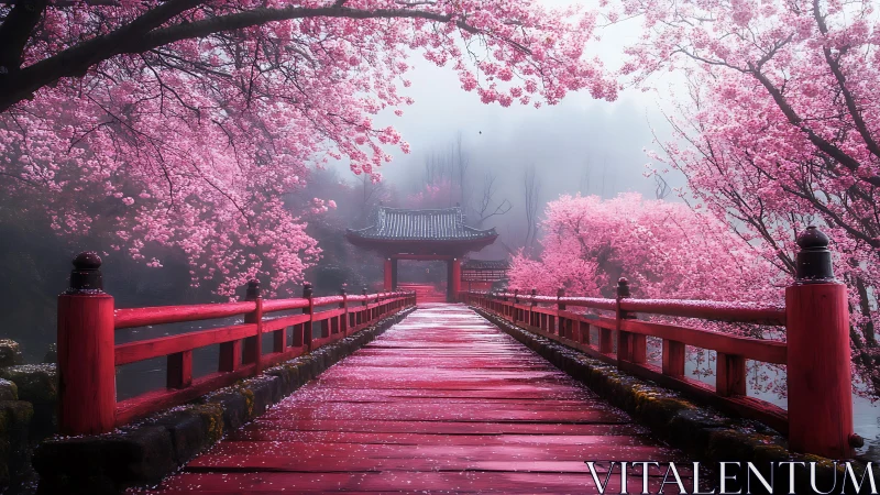 Digital painting of vermilion bridge amid cherry blossoms at dawn.