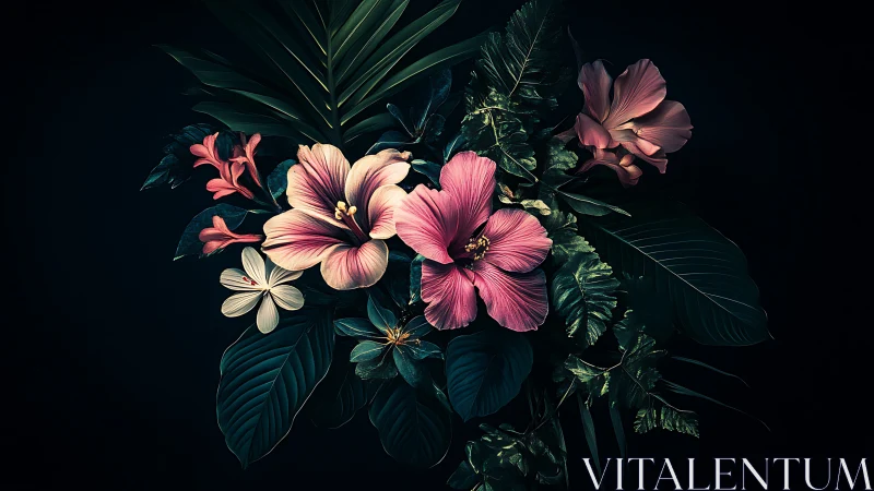 Tropical Hibiscus and Orchid Floral Arrangement on Dark Background
