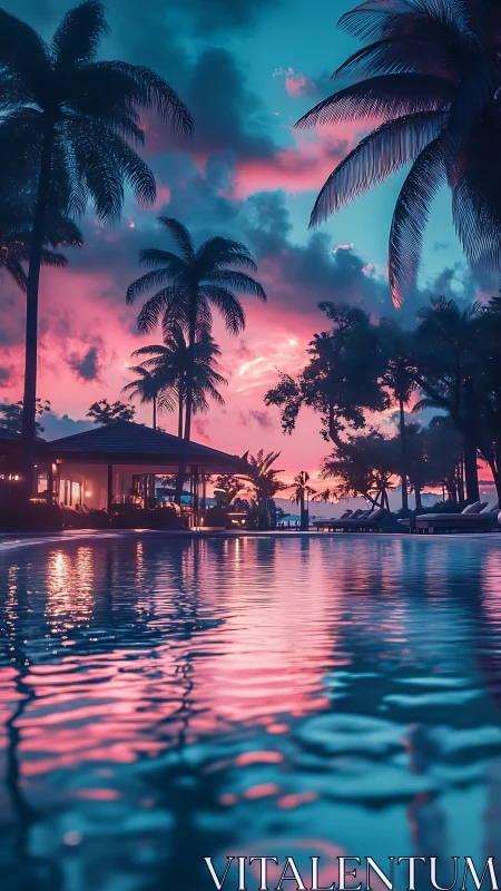 Neon-lit resort infinity pool at tropical sunset with palms