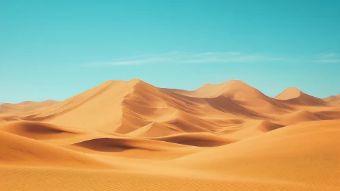 Sunlit desert sand dunes under clear turquoise sky.