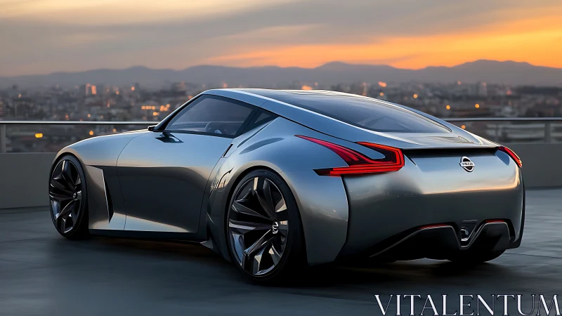 Sunset city skyline embracing a sleek silver sports coupe.