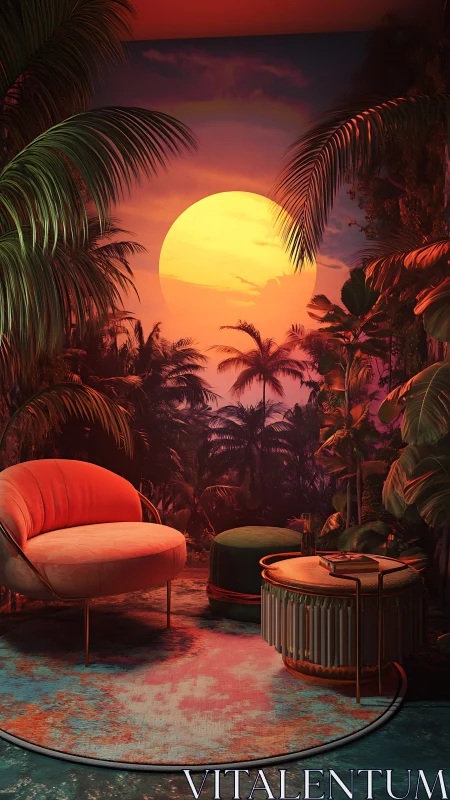 Interior lounge with tropical mural and sunset backdrop.