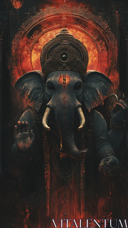 Ember crowned elephant deity rising through molten dusk.