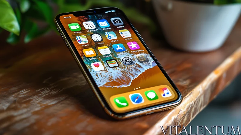 iPhone XS Max displaying iOS home screen with application icons on wooden surface