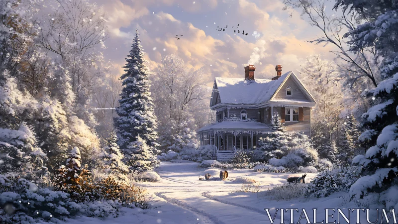 Winter hush around a storybook farmhouse in soft morning light.