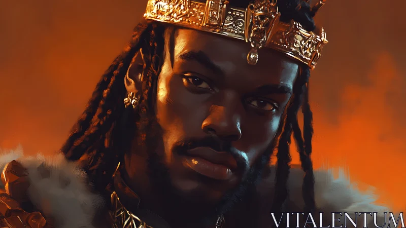 Portrait of a crowned man in fur-trimmed garment against orange field.