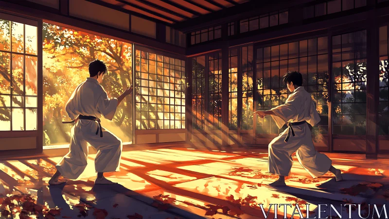 Autumn dojo duel bathed in amber light and quiet resolve.