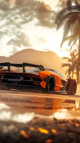 Sunlit supercar sprint under tropical after-rain glow.
