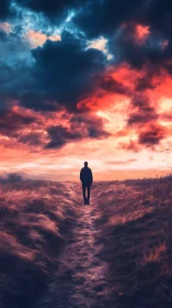 Solitary dreamer walks into a sky of burning twilight clouds