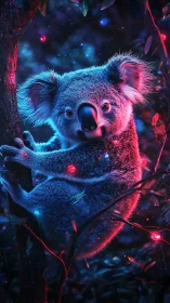 Koala in neon starlight cuddling a midnight forest dream.