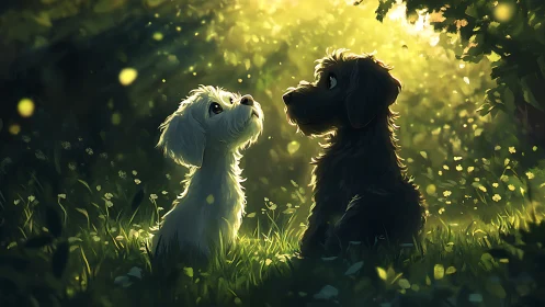 Two small dogs sit in glowing forest clearing at dusk