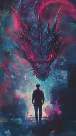 Man stands facing massive spectral dragon in neon mist