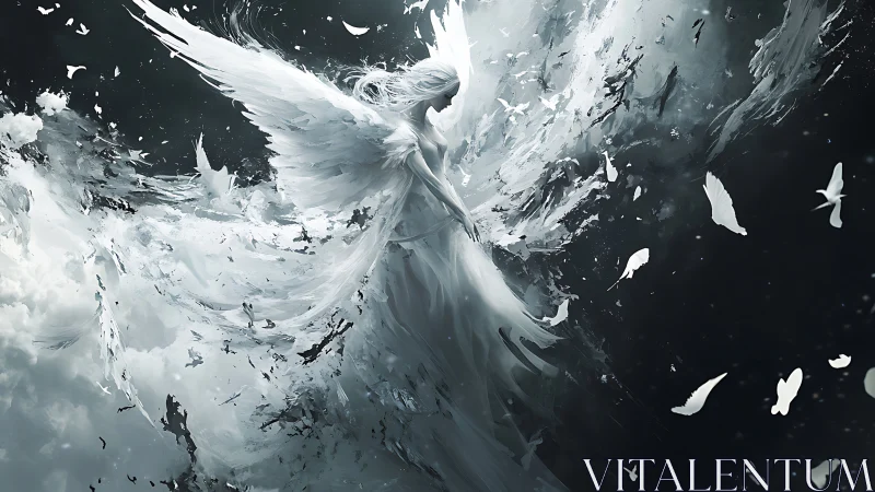 Ethereal winged figure dissolves into luminous storm of light