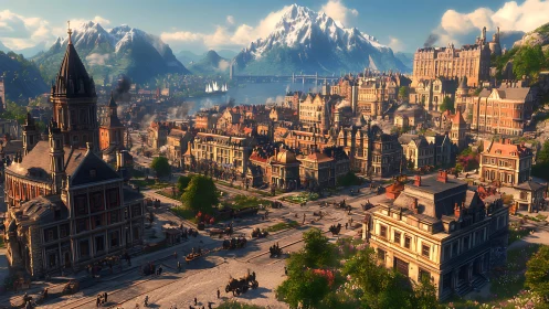 Panoramic neo-Victorian harbor city with alpine backdrop at noon