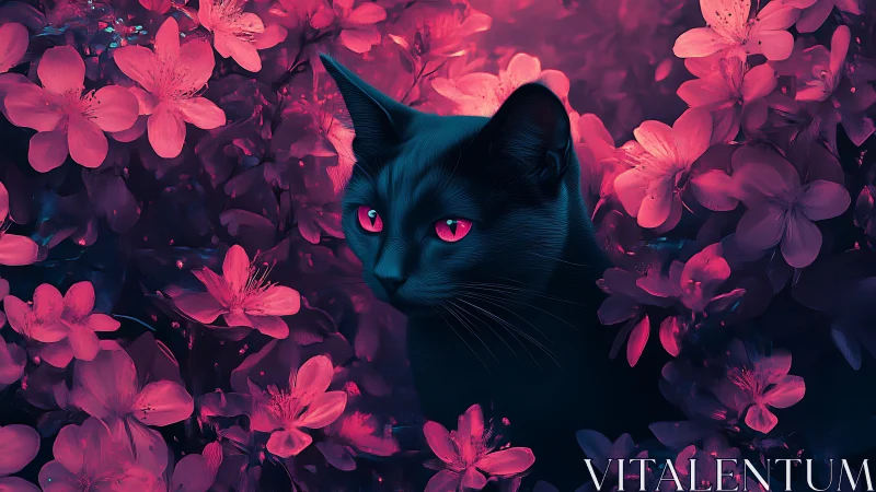 Black cat with magenta eyes surrounded by pink flowers