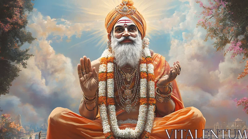Digital rendering depicts seated elderly guru in orange robes