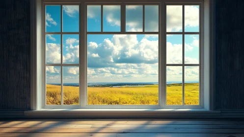 Sunlit country window framing bright yellow meadow view.