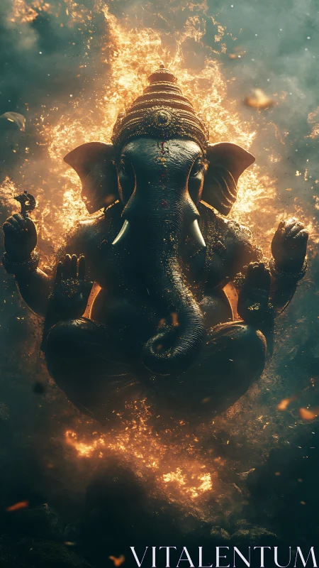 Flaming Ganesh statue levitates in atmospheric volumetric lighting