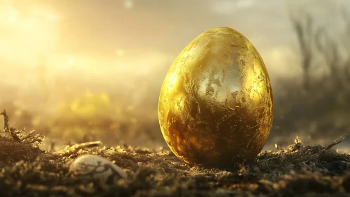 Golden egg glowing softly in a dreamy sunrise meadow.
