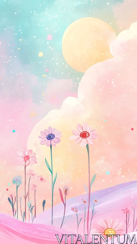 Dreamy pastel flower meadow under a glowing cotton candy sky.