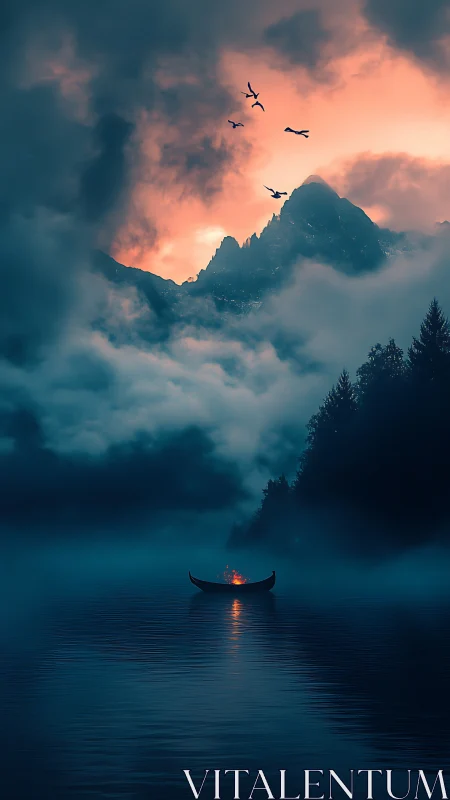 Lonely firelit boat drifts beneath stormy twilight peaks