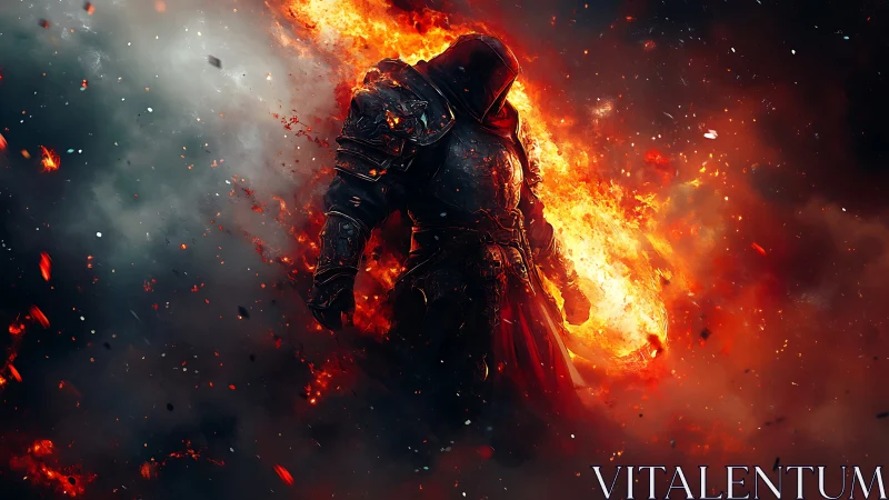 Armored fire mage emerges through volumetric embers and smoke