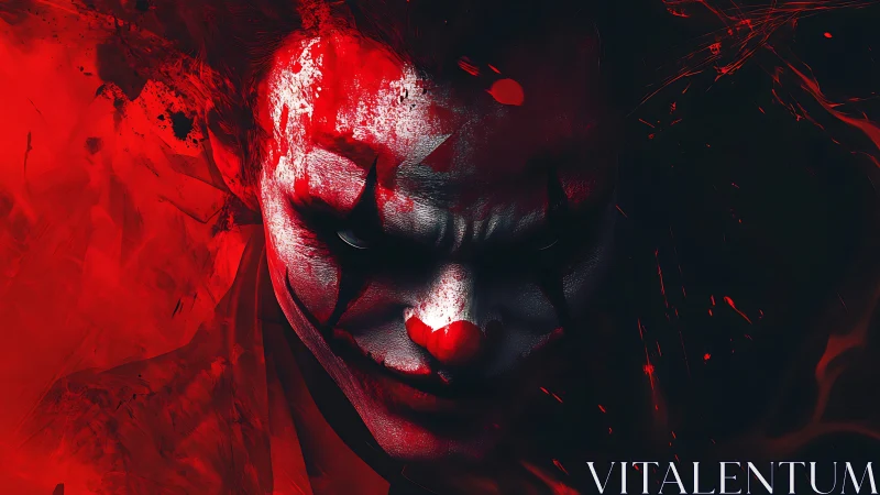 Sinister red clown portrait in high-contrast digital art.