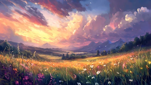 Sunset-illuminated alpine meadow with wildflowers and distant peaks.