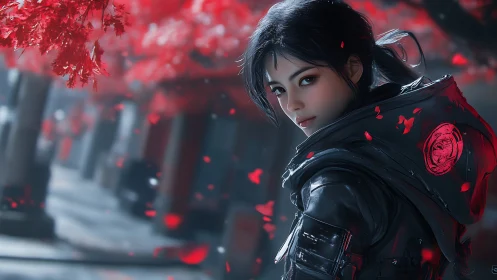 Mystery warrior walks under crimson leaves and meets your gaze