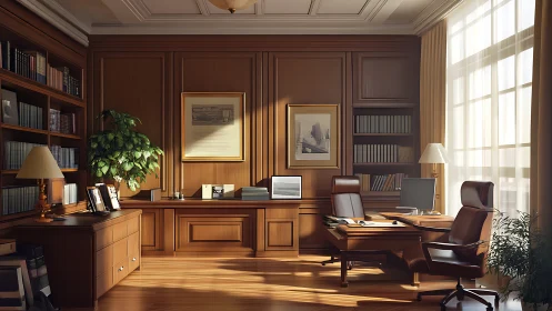 Sunlit executive office with classic wood paneling design.