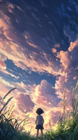 Child gazes upward as summer clouds unscroll a painted sky