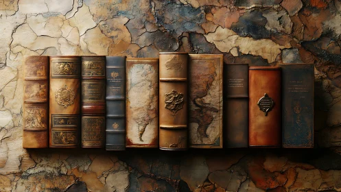 Atlased spines and weathered tomes chart forgotten worlds.