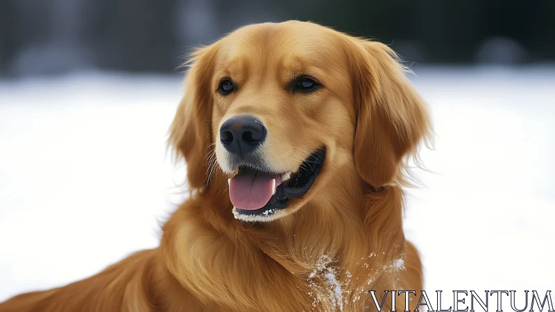 Golden retriever smiles warmly while winter snowlight shimmers