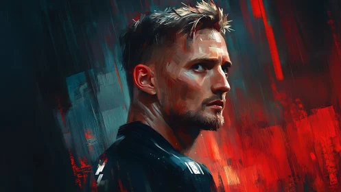 Digital portrait of intense man in red blue abstract light.