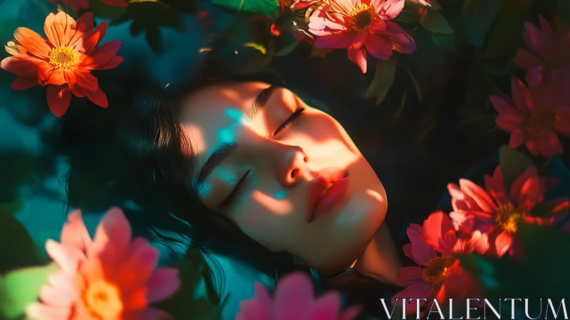 Woman with closed eyes surrounded by vivid pink flowers.