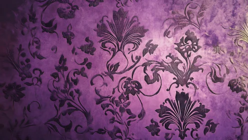 Embossed violet damask wallpaper shows textured floral vector relief