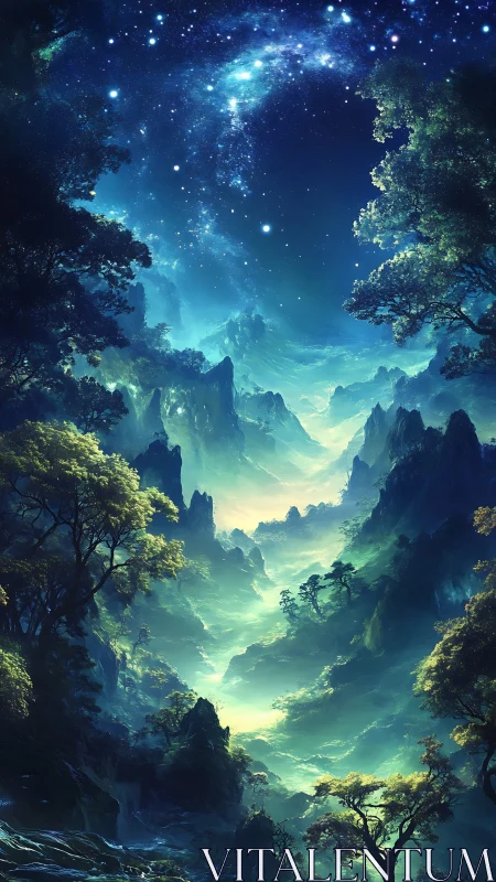 Bioluminescent valley under stellar arch in vertical fantasy vista